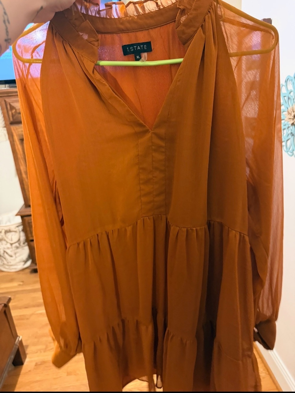 STATE Women's Rust Orange Long-Sleeve Tiered V-Neck Dress